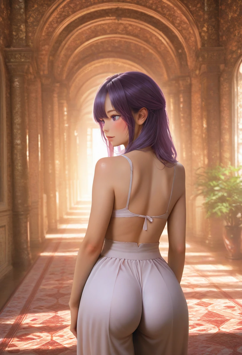 Photographic works, real people, a beautiful woman in purple briefs, standing posture with legs, upper body bent 90 degrees, buttocks exposed, looking back at the camera, delicate skin, very beautiful thin legs, warm and elegant bedroom, romantic atmosphere, soft lighting --auto --s2