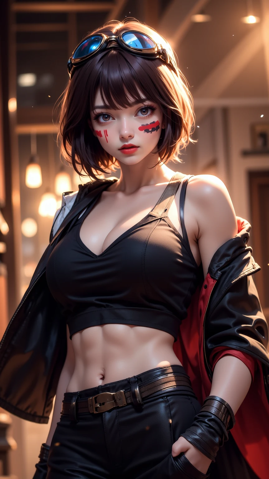 solo, 1girl, (masterpiece), ((16 year old appearance)), mohalk punk hair, small breasts, yellow eyes, ((detailed eyes)), (athletic body), (simple black cropped), (highcut sexy micro black top with red details Victoria's Secret style), looking at the screen, orange lipstick, visible abs, (((one simple high-cut underwear thong))), navel, (collarbone), (cyberpunk scenery background)