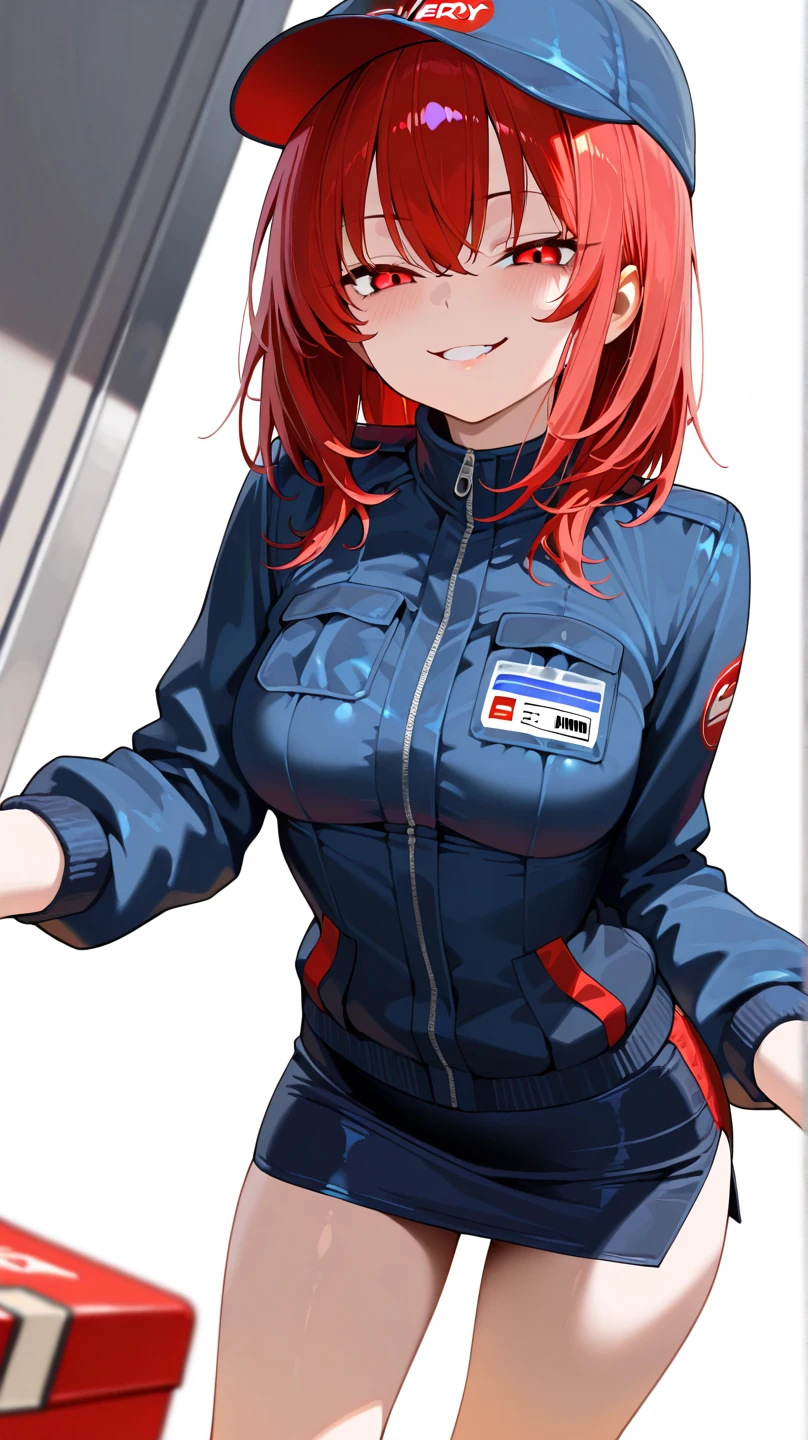 woman in her 20s, Mexican, slim build, nurse uniform, white coat, blue pants, short red hair, spiky hair, blue eyes, looking directly at viewer white background