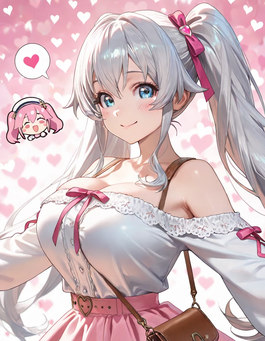 only, Cabelo longo,Pink twin tails, cabelo muito comprido, Orelhas de gato,roupas de empregada, finger heart, Um sorriso、droopy eyes、Tom rosa、1 garota em、(Arte digital de anime:1.3)、olhos rosa、かわいいイチゴ🍓の帽子、Lindas roupas rosa、Fundo que lembra parfait de morango、Make a heart with both hands