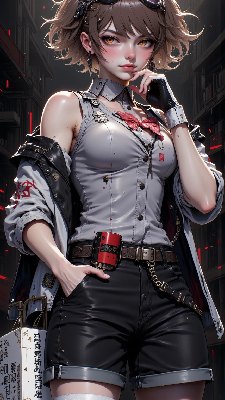 cowboy shot of futuristic detective cyborg lady, cybernetic jaw, short white hair, glowing eyes, red lips, white shirt, unbuttoned, black pants, vest, holster, mechanical parts, prosthetic arm, <lora:sxz-niji-v2:0.8>