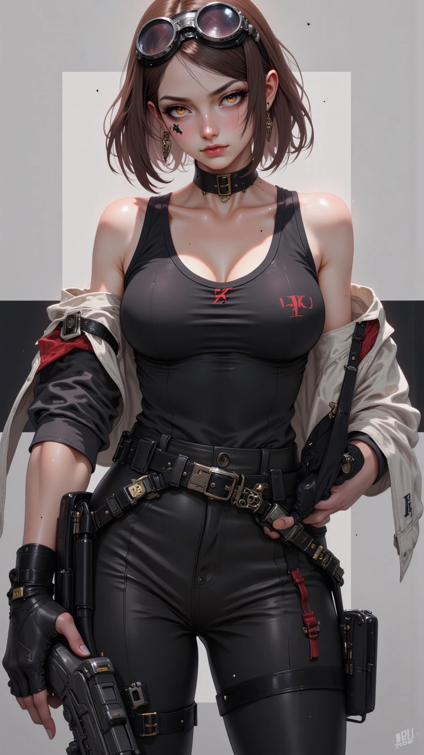 Girl, spy, black widow suit, crop top showing navel, (hands up surrender), jail, 