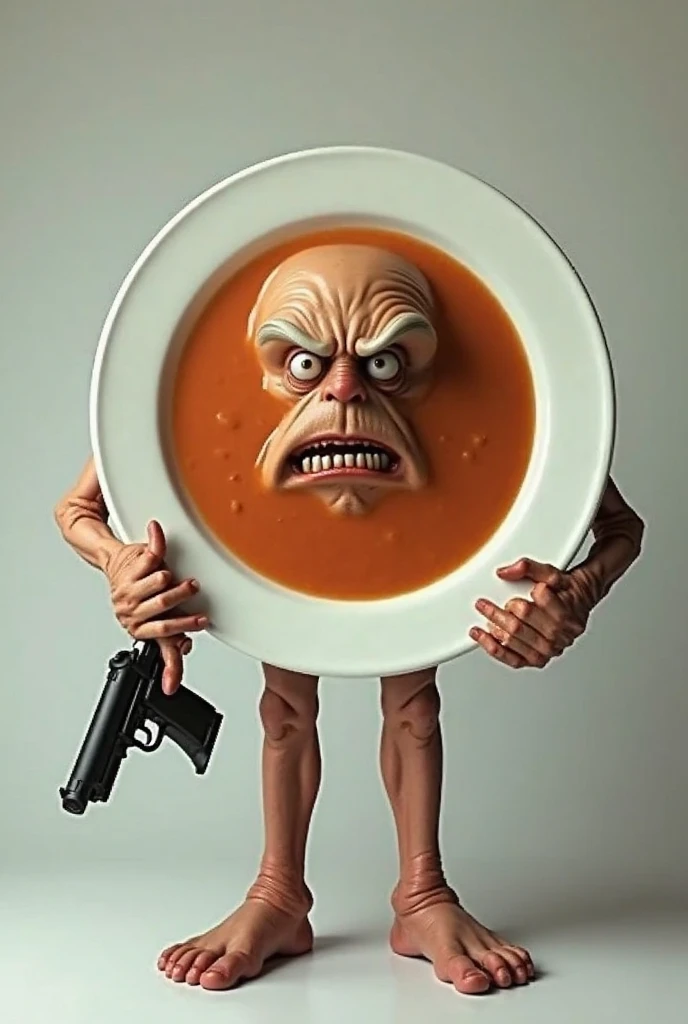 A skinny man gripping a frying pan like a firearm, dynamic pose, humorous expression, vibrant colors, realistic image of man ,exaggerated features --s 100 --ar 1:1 --no text