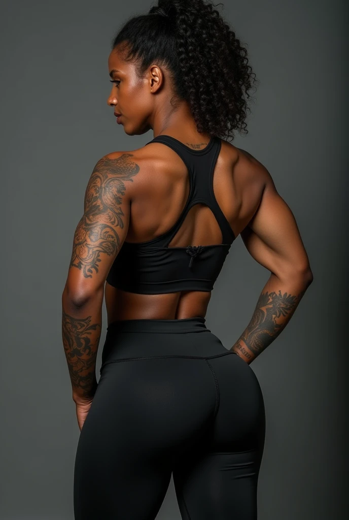 An urban Latina goddess with caramel skin and vibrant red hair With flower tattoos on her right shoulder, lower lip and shoulder completely, sportive, fit girl, Large and detailed muscles, poitrine, Realstic, 22 ans, tenue de sport noir, haut de sport noir, pantalon legging de sport, salle de sport, joue ronde, slightly shiny skin, Mid-length hair reaching shoulders