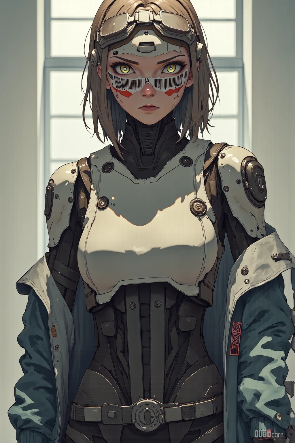 (masterpiece,high quality), 1girl, ((ultra realistic details)), global illumination, shadows, Unreal Engine, octane render, 8k, ultra sharp, metal, intricate, ornaments detailed, highly intricate details, yellow eyes, (mechanical body:1.2), white hair, (black gas mask), Gear, bob cut, hundreds of wires, Terran, (Robot, android:1.15), Apocalypse, broken buildings, flat chest