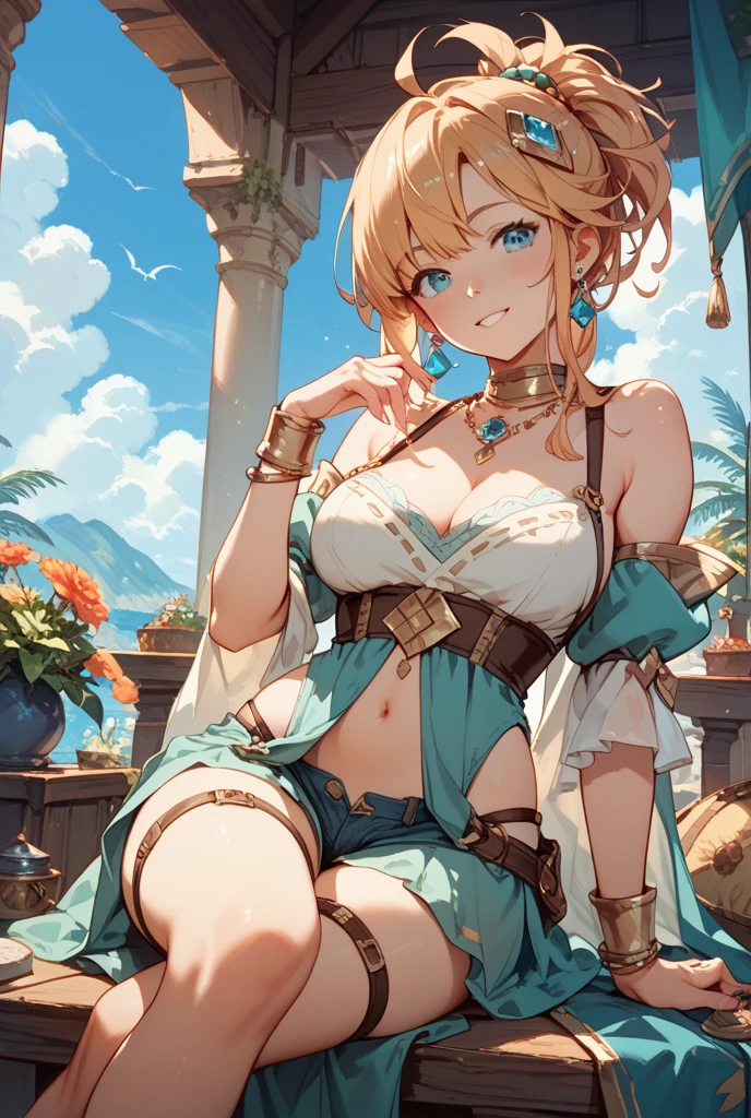 (tmasterpiece, Best quality at best),  Complicated details,, 1个Giant Breast Girl,     bocchi, Colorful hair, eBlue eyes, shark hair ornament, golden hair accessory, golden necklace, Golden bangles, dentes pontiagudos, grinning smile, Blue hoodie,,  Greek clothes, peplos,