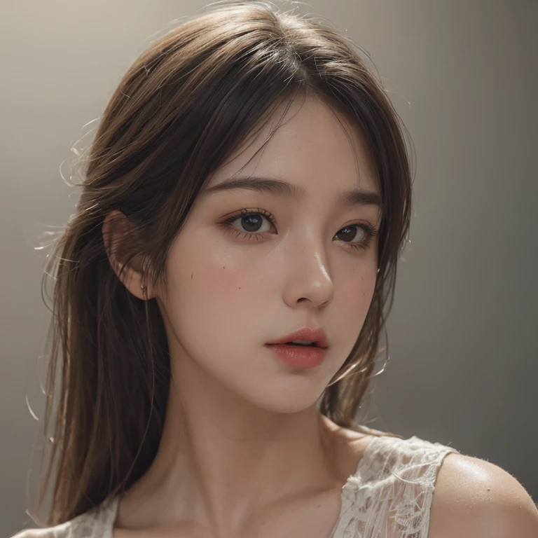 Best quality, Realistic, Photorealistic, extremely detaile, An extremely delicate and beautiful, RAW photo, 4K,8K,Professional lighting, Dynamic lighting, light in face, Depth of field, solofocus, Upper body photo, Japanese and Korean beauties,South Korean beauties,A 20-year-old female, Brown hair, Brown eyes, Teethless,Fashion girl, Beautiful eyes, Large breasts,perfect boobs,Real face, Real skin, Realistic face, Realistic skin, Detailed eyes, Detailed facial features, detailed clothes features,Translucent clothes,(fashionable attire:1.3), (fashion hair: 1.3) dynamicposes,Detailed face and breasts, (PureErosFace),