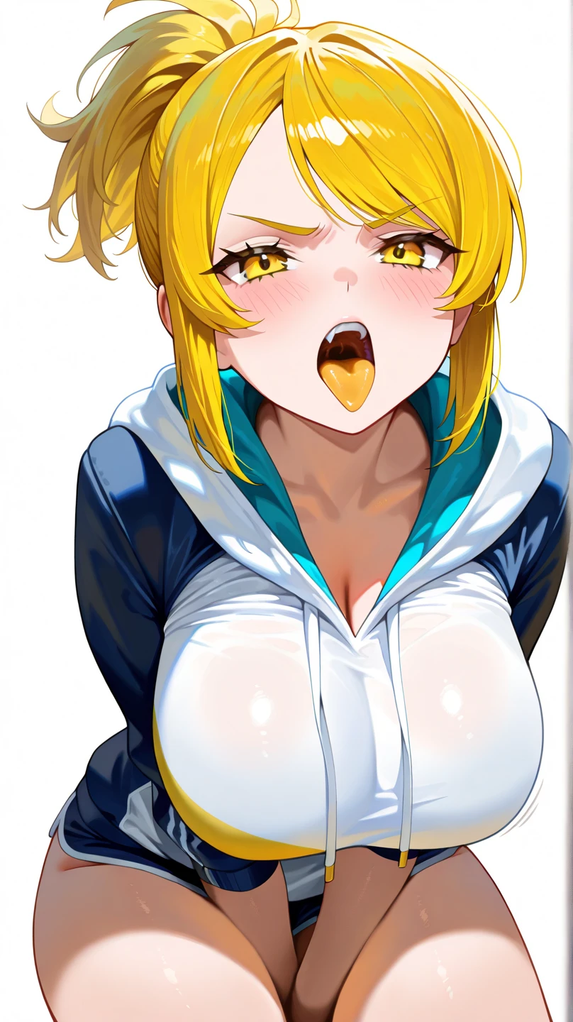 love live!, 1 girl, Upper body, kagamine rin, yellow hair, nsfw, nude, embarrassed, breast focus, from front, beautiful face, cute, white background,