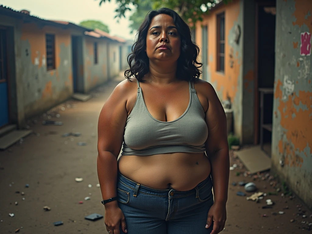 Thick , Curvy,fair beautiful indian girl in tank top and panty surrounded by male crowd , male crowd in the background, thick thighs, round navel showing , in a jail , back shot , plumb, erotic