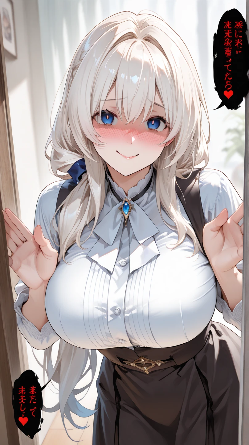 highly detailed, masterpiece, source_anime, 1girl, solo, velouria, detailed face, licking lips seductively, black streak in hair, animal ears, wolf tail, huge breast, looking up at viewer, from above, fishnet top, nipples visible through clothes, fishnet stockings, tiny skirt, crotch exposed, pussy, pussy juice, sweating, heavy blush, heavy breathing, seducing face, half open eyes, smile, standing in medieval alleyway