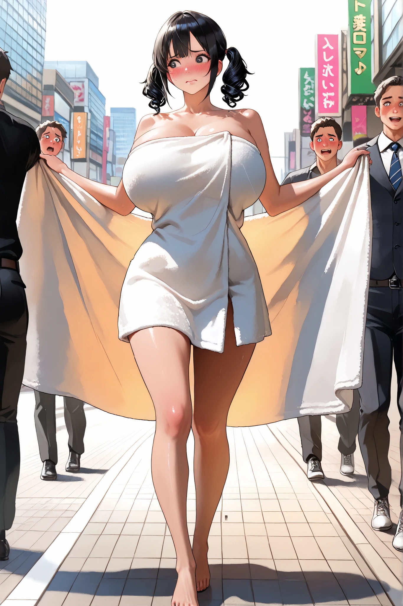 (masterpiece, best quality, ultra detailed, high resolution, 4k, 8k, extremely detailed, super fine illustration, beautiful glossy hair drawn in detail down to the tips, beautiful eyes, perfect face, perfect human anatomy, photorealistic background), Akihabara city, a crowded sidewalk with boys, A girl with slightly curly hair, short hair, high twin tails with both sides up, black hair, a very , big eyes, droopy eyes, huge breasts, big easts, round face, the cutest face in Japan, has only a short bath towel wrapped tightly around her body, and is being grabbed by the arm by a bad boy who is forcibly leading her by the hand and making her walk through the streets of Akihabara, the bath towel is about to slip off, Blushing, embarrassed and flustered expression, looking away:1.8, her breasts are about to come out, (((boys are surrounding the girl, they are looking at her))), full body, tall girl,