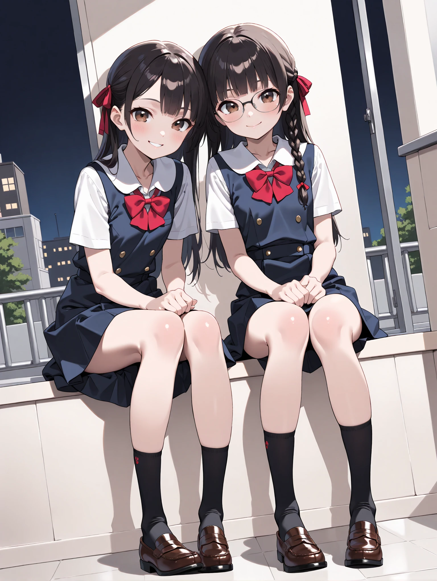 realistically, 2 girls, twin tails, 1 ponytail, brown eyes, glowing eyes, white short skirt, Blush, daytime, Wet from the rain, see through, sleeveless shirt, nipples, Knee hug, pussy, crotch, naked, armpit, smile