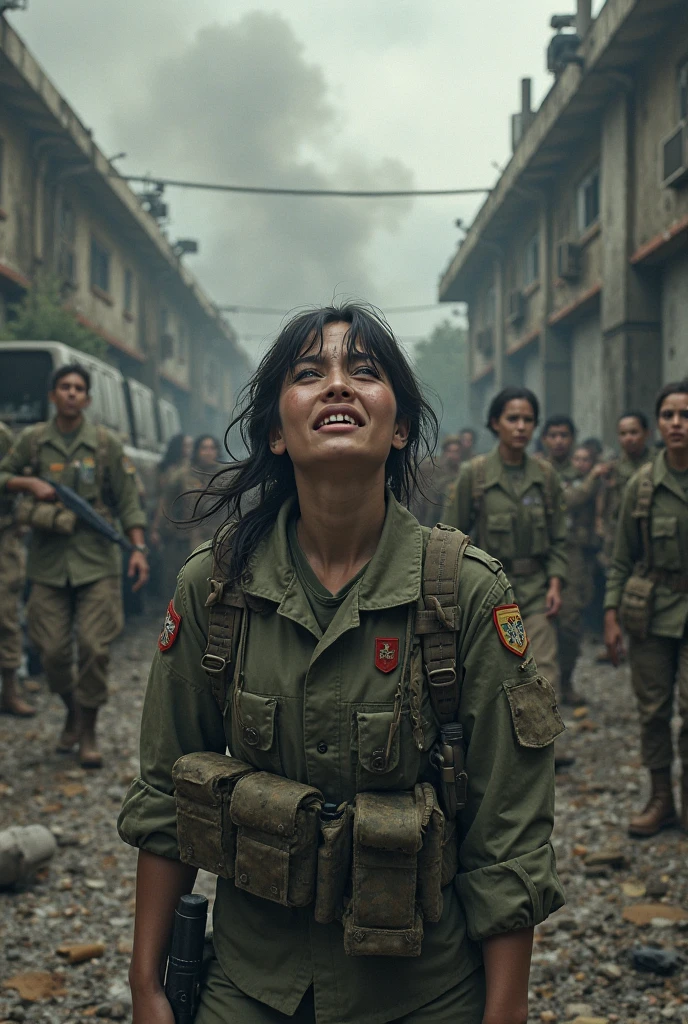 Mujer italiana y agresiva, luchando contra ejercito en el fin del mundo, fuego, sangre, zombie
