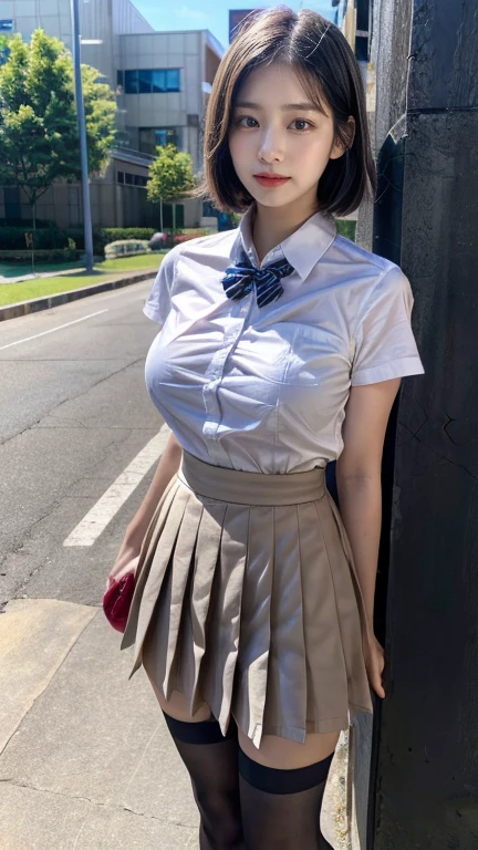 ((highest quality, masterpiece :1.3)), Photorealistic、Ultra-high resolution、Natural skin texture、Hyperrealism、Photograph from the knee up、 beautiful Japanese girl、Short Hairstyles、Large breasts、White collared shirt and tie、mini skirt、Frightened expression
