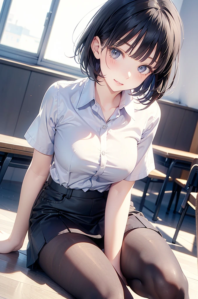((masterpiece, Best Quality, high resolution, nfsw, Perfect Pixel, 4K, nfsw, nfsw))), 1girl in, Single, Solo, Beauty、full body seen、 ((Short Wave Hair, Bangs, Brown hair)), ((Brown-eyed, Beautiful eyelashes, Realistic eyes)), ((Detailed face, Blushing:1.2)), ((Smooth texture:0.75, Realistic texture:0.65, Photorealistic:1.1, Anime CG style)), medium breasts, Dynamic Angle, Perfect body, ((School uniform, White shirt, Black skirt, Unbuttoned shirt、plaid skirts、bare foot、White Sox)), Classrooms without people、Sit on a desk、Lower'I took my foot off the desk..............................、early evening、、、Very embarrassing panic smile、(Lift the skirt with your right hand、Open both legs、spreading M-legs, Open your knees wide、showing Light blue floral lace panties:1.3)、、(Cute floral bra)、Angle from below