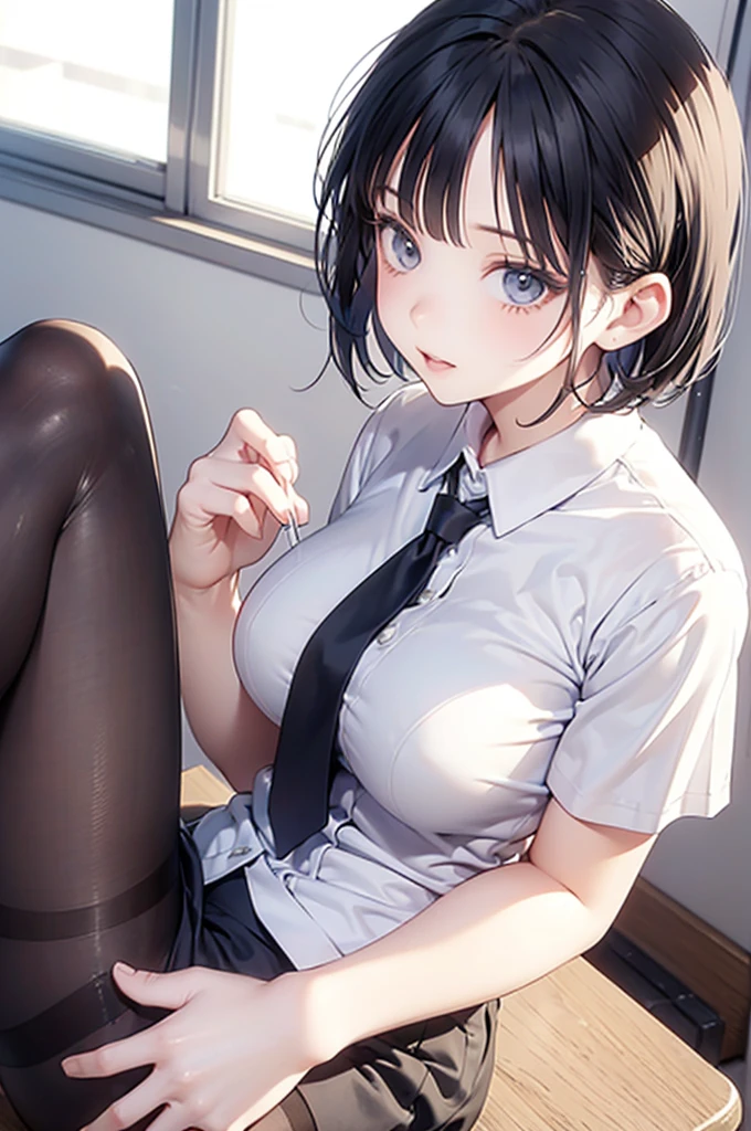 Erica、Pokémon、Black Hair、Short Hair、((Bike Pants))、Photo from below、Medium chest、Bedroom、One girl、Red ribbon on head、((White shirt))、(Black thigh-high socks)、
