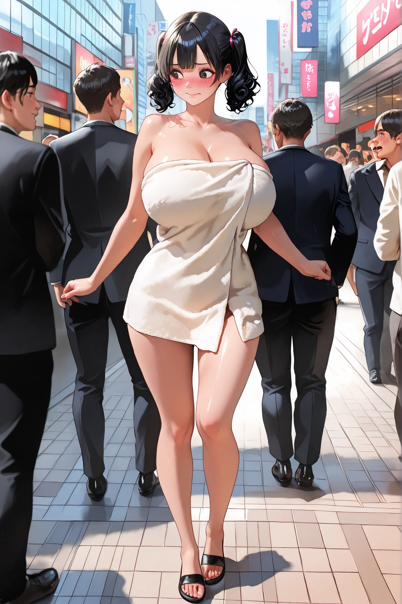 (masterpiece, best quality, ultra detailed, high resolution, 4k, extremely detailed, super fine illustration, beautiful glossy hair drawn in detail down to the tips, cuteness eyes, perfect face, perfect human anatomy, photorealistic background), Akihabara city, a crowded sidewalk with boys, A girl with slightly curly hair, short hair, high twin tails with both sides up, black hair, a very , big eyes, droopy eyes, huge breasts, big easts, round face, the cutest face in Japan, has only a short bath towel wrapped tightly around her body, and is being grabbed by the arm by a bad boy who is forcibly leading her by the hand and making her walk through the streets of Akihabara, the bath towel is about to slip off, Blushing, embarrassed and flustered expression, looking away:1.8, her breasts are about to come out, (((boys are surrounding the girl, they are looking at her))), full body, tall girl,