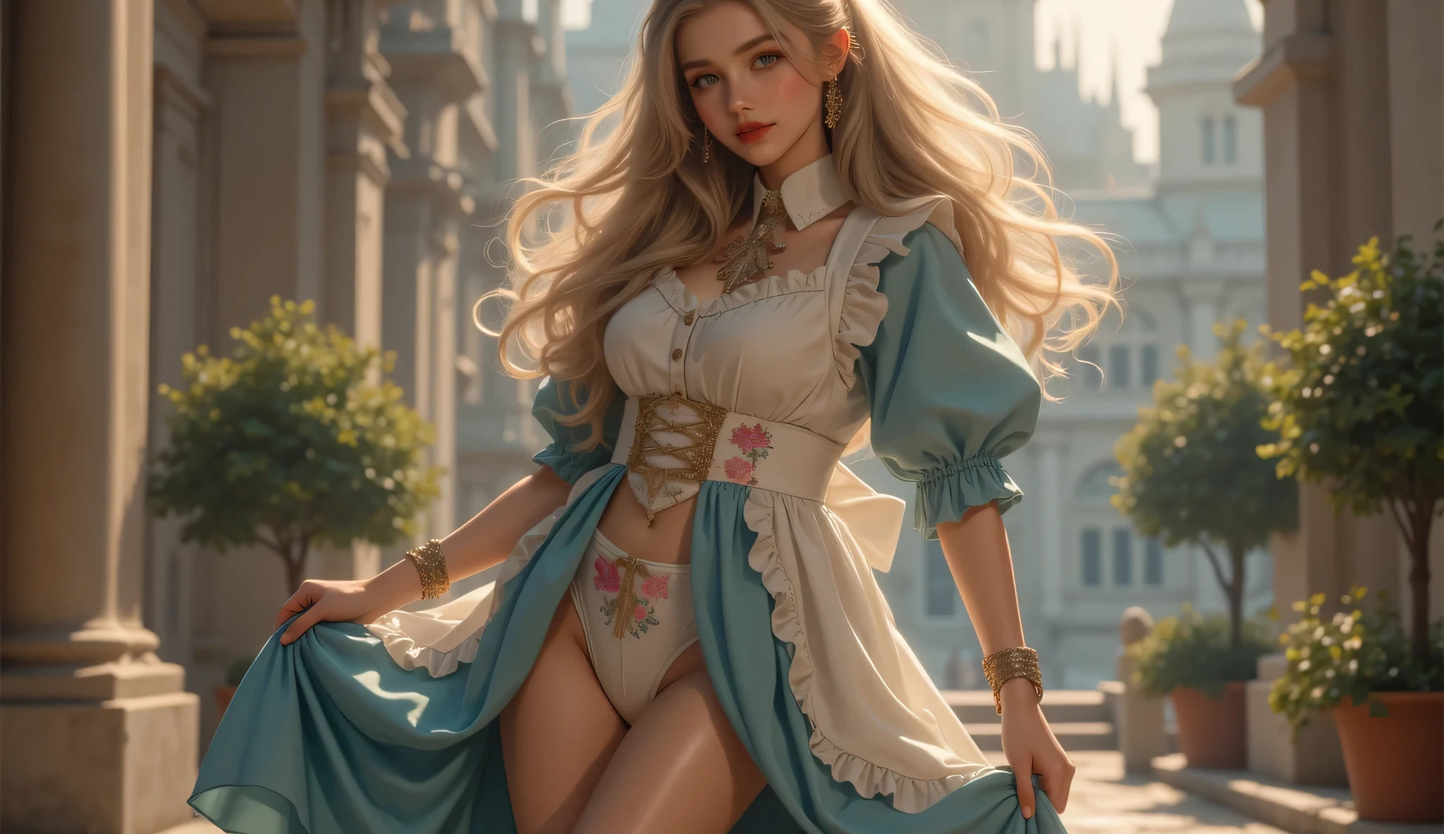 High image quality NUTRA FINECG Unity 8k壁紙、Highest Quality、High image quality NUTRA FINE、masterpiece、real、photo、HIGH QUALITY NUTRA FINEキュートガール、18 years old、（(Maid Cafe in an old European castle))girl standing in front of a table）、(girl in maid clothes),（（Back view））、 ((Looking Back))、beautiful背中をベールで隠している、dynamic pose、(笑Yan)、 ((ponytail)、(full body angle)、low angle、cheek、red lips、(low angle)bright body shot、sexyポーズ、(Wan Shoulder black glossy no tube top：1. 2）、（black glossy miniskirt：1. 5）、（I can see her breasts entangled under the breast）（Butt and abs：1.skirt that hangs over her hips）、（high heels：1. 5）、（beautifulYan：1.3）、（perfect proportions：1.2）、（long legs：1.2）、（beautiful：1. 3）、（floral panties visible from under the skirt）、（wet hair、wet skin）、sexy、Emoji、（holding a skirt that floats with both hands）、Yan、（Skirt Left）、（long golden gray hair）、 (European castles are hazy on the back)、(ponytail)、