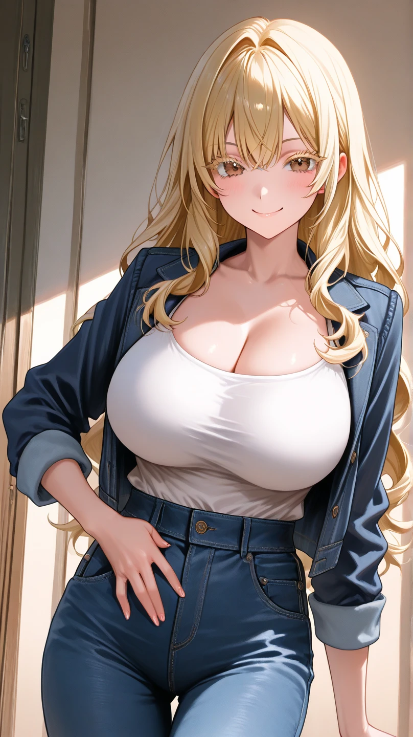 upper body, sexy adult woman, beautiful, long blonde hair, bangs, casual clothes, cleavage, soft light, 4k resolution, high quality