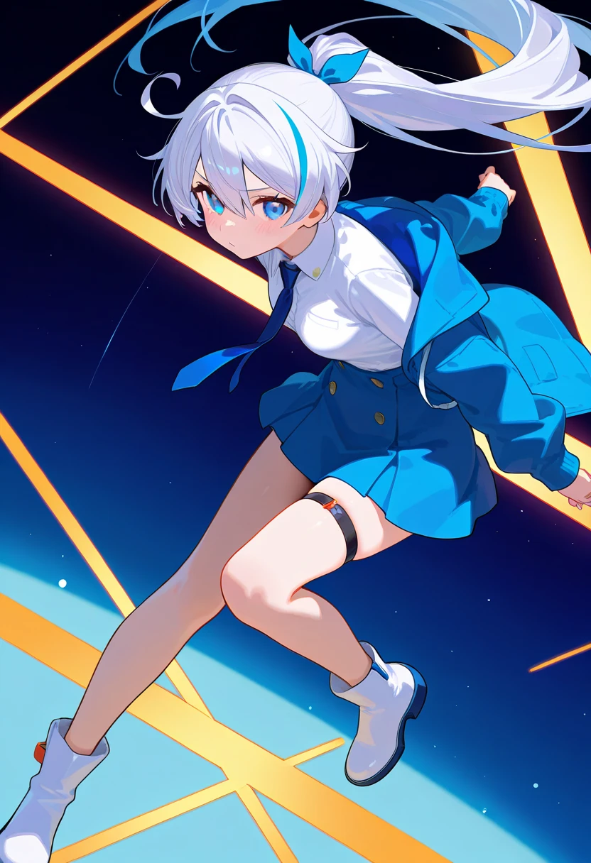 1girl, solo, white hair, short hair, hair between eyes, bangs, white shorts, white parka, closed jacket, gloves, flat chest, wide hips, down jacket, cyan eyes,  cute face, small pupils, blush, android, round eyes, glowing cyan eyes, mechabare, mechanical parts, shy, smile, messy hair, midriff peek, ahoge, excited, starry eyes, open mouth, arms outstretched, :D, bike shorts, ass