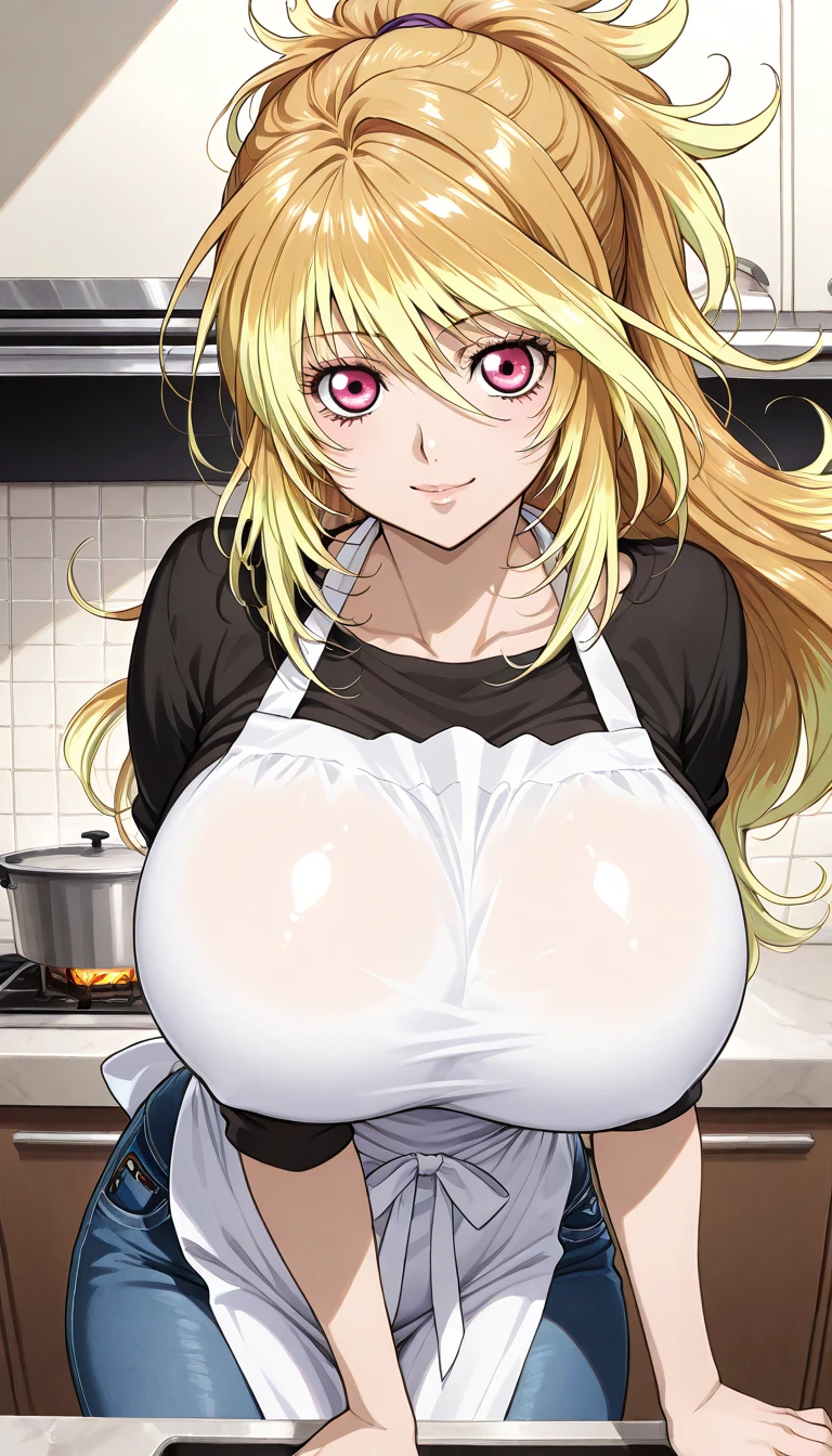 (masterpiece:1.2),(Shiny skin:1.4), Full Body, anime, (anime style:1.5), Detailed cloth texture, Detailed hair texture, One girl, 18 year old girl, sexy pose, kitchen background, Long eyelashes, Lips parted, shining pink lips, Heart shaped pupils, seducive smile (The body is slim:1.1), (Beautiful blonde long hair:1.2), (Huge breasts:1.6), Floating Hair, (bangs), (white apron only), (Cleavage), ( Earrings), Blushing, horny, long ponytail,close to male viewer