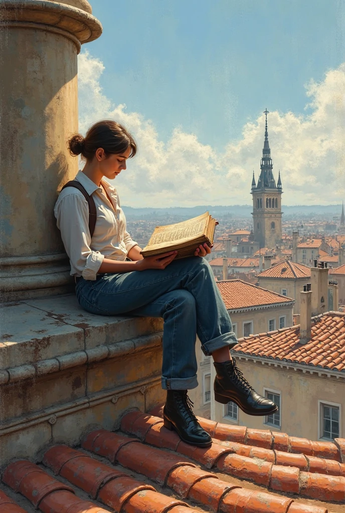 a woman reading a book on a rooftop in paris, in the style of Jean-Pierre Gibrat <lora:gibrat:1>