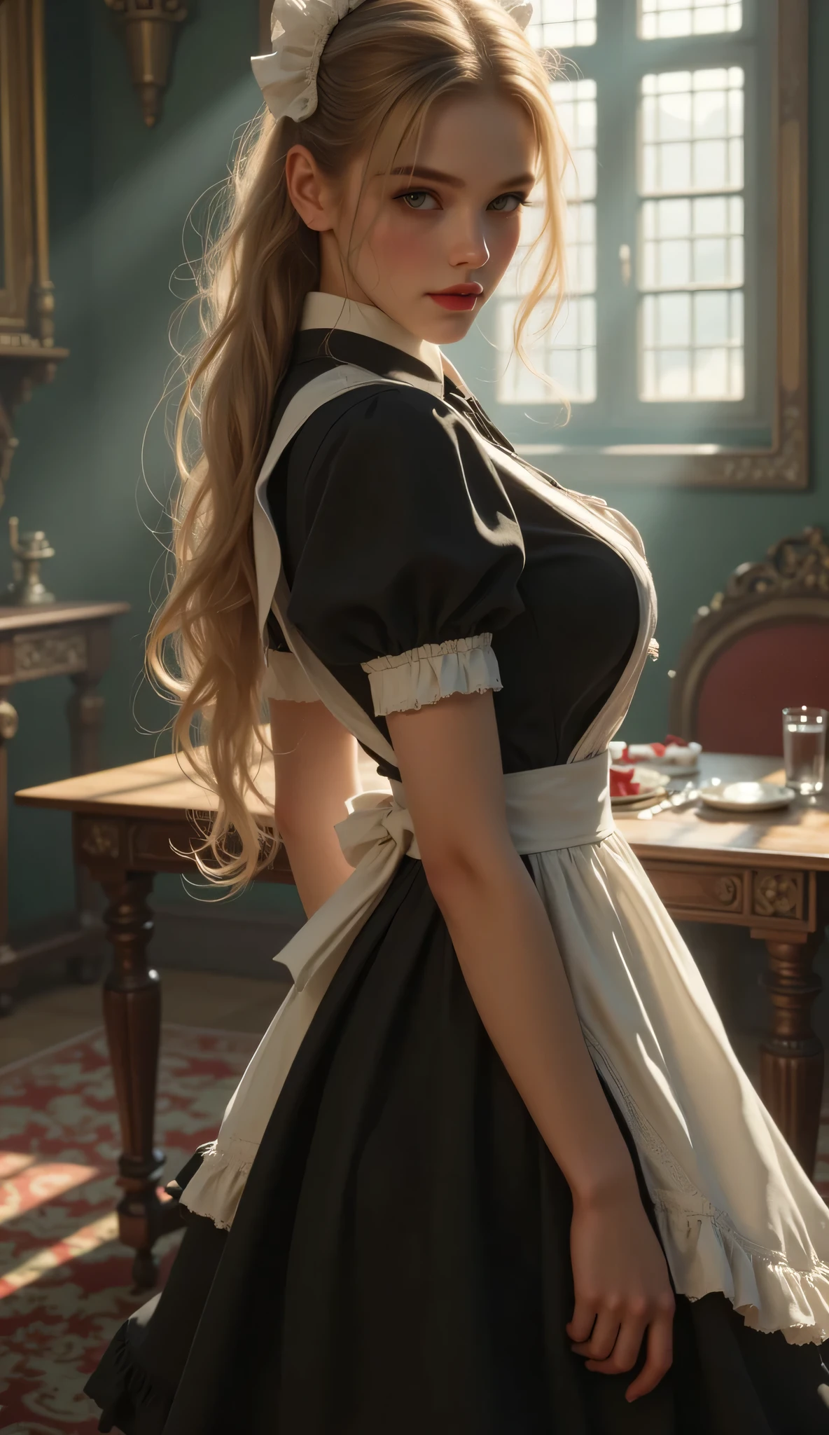 High image quality NUTRA FINECG Unity 8k壁紙、Highest Quality、High image quality NUTRA FINE、masterpiece、real、photo、HIGH QUALITY NUTRA FINEキュートガール、18 years old、((Maid Cafe in an old European castle)),(girl standing in front of a table)、(girl in maid clothes),((Back view))、 ((Looking Back))、beautiful背中をベールで隠している、dynamic pose、(笑Yan)、 ((ponytail)、(full body angle)、low angle、cheek、red lips、(low angle)bright body shot、sexyポーズ、(Wan Shoulder black glossy no tube top:1. 2)、(black glossy miniskirt:1. 5)、(I can see her breasts entangled under the breast)(Butt and abs:1.skirt that hangs over her hips)、(high heels:1. 5)、(beautifulYan:1.3)、(perfect proportions:1.2)、(long legs:1.2)、(beautiful:1. 3)、(floral panties visible from under the skirt)、(wet hair、wet skin)、sexy、Emoji、(holding a skirt that floats with both hands)、Yan、(Skirt Left)、(long golden gray hair)、 (European castles are hazy on the back)、(ponytail)、