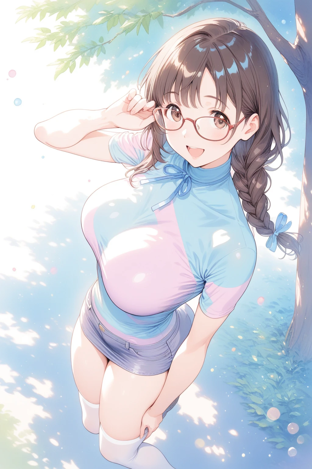 Ultra-detailed, 8k, Best image quality, Digital Illustration, Super Resolution、Sharp focus,((Enchanting anime girl, alone:1.3))、((Being in the night pool:1.2))、((Captivating smile:1.2))、Pink Cardigan,White Dirndl Skirt,White knee socks,Upper Body,Looking down at the viewer、Brown long hair, Brown eyes, Green glasses,heart shaped pupils,Sunburned skin,((Huge breasts:1.3))、((Cleavage))、beautiful breasts,((Huge hips:1.4))、beautiful ass,((Thick thighs))、sweat,Wet, Smooth texture、Glossy and realistic skin texture、Glowing Skin,