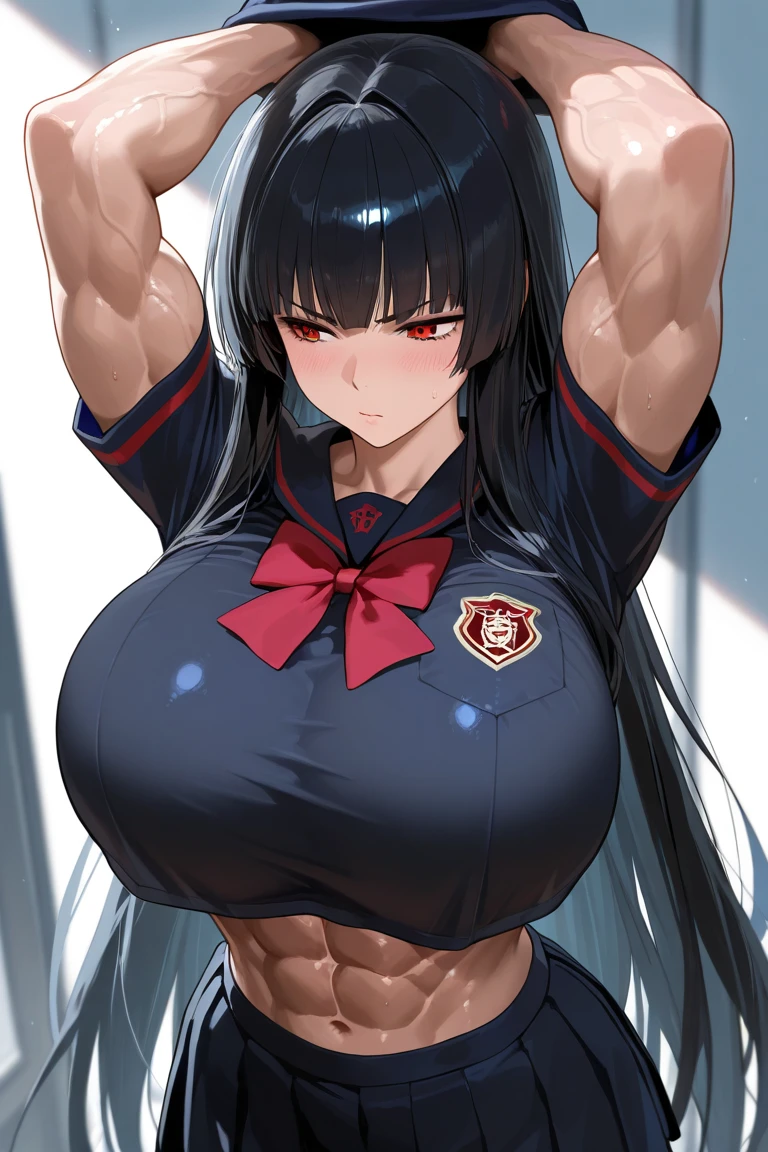 (1girl), black hair, extremely long hair, yellow eyes, ((Massive Female Bodybuilder:2)), ((giant breasts:2)), thick thighs, solo, angry, (pale skin), cowboy shot, ((Sexual Erotic School uniform:2)) (sexual pose) (best quality best quality best quality)