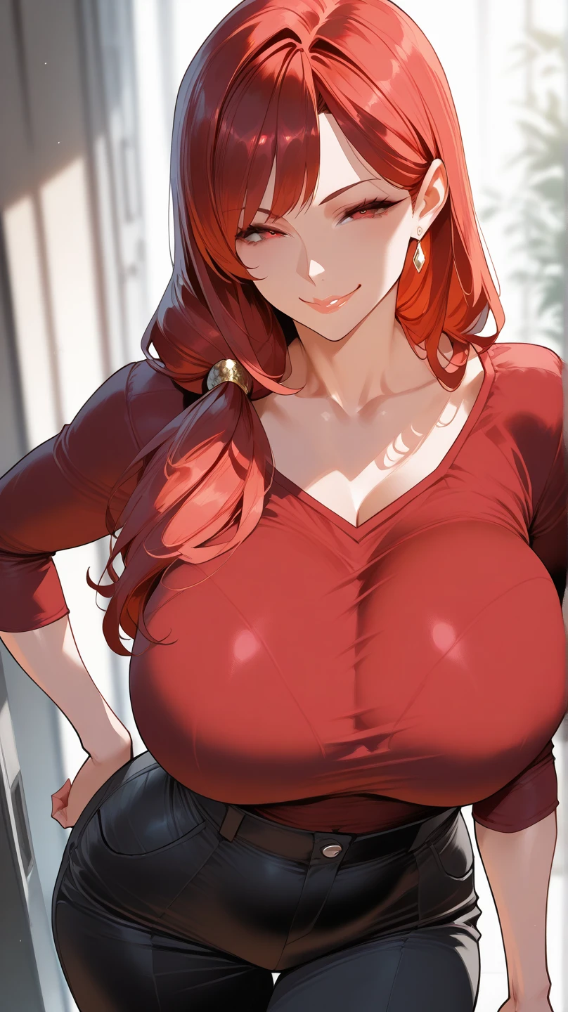 Best quality, masterpiece, ultra high res, 1girl, sexy, in the dark, deep shadow, low key, cold light, milf, dynamic light, cinematic lighting, cinematic lighting, down blouse, mature woman, natural breast, big breast, large breast,upper body, milf, nsfw, red hair , face closeup, face detail, red lips detail, white background, madam m, milf, scarlet witch