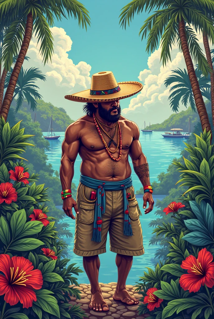 MAN, BRAZIL, REPRESENTATION, BRAZILIAN FLAG, SWIMWEAR, SEXY, INDIGENOUS TRAITS, BRUNETTE, REPRESENTATION BRAZILIAN MAN, 8K, INTRICATE DETAILS, PROFESSIONAL LIGHTING, BEST QUALITY --auto --s2