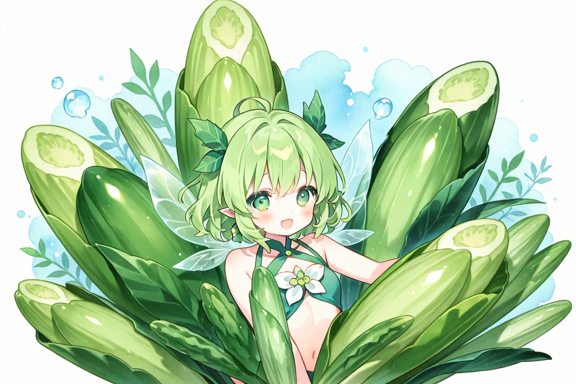 a fairy flying over a pile of Cucumber, holding one Cucumber on her hand