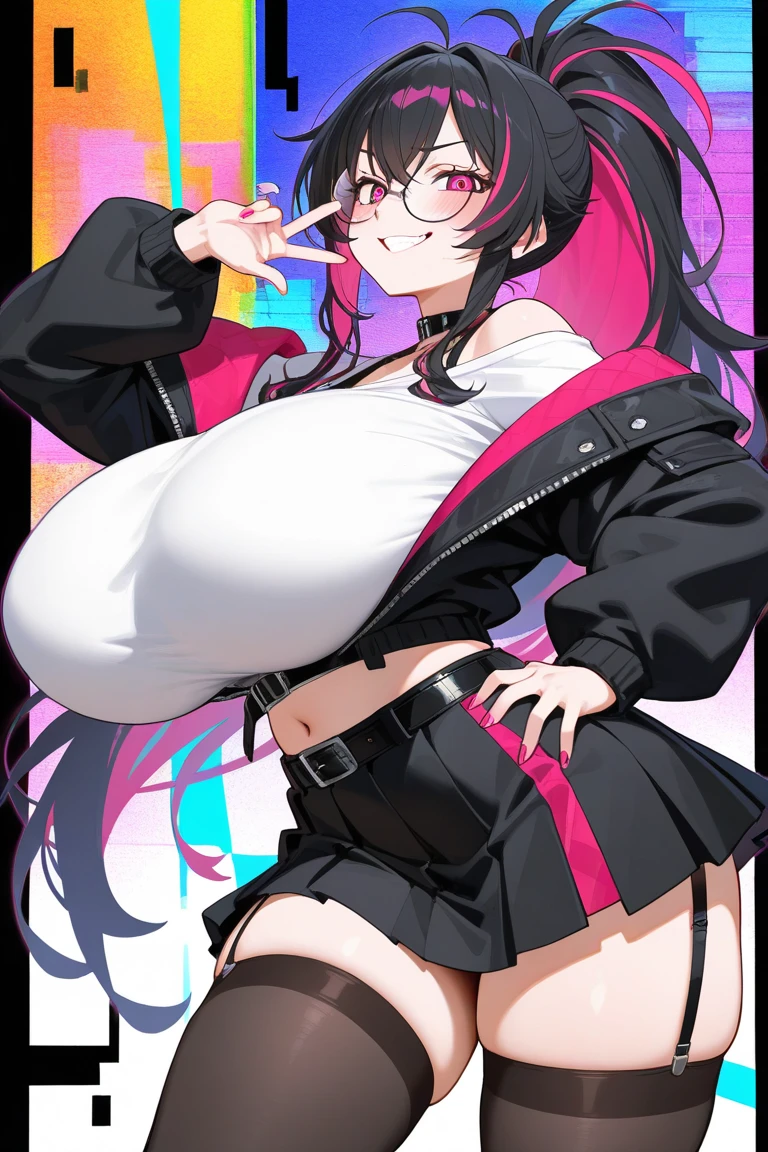 Italian girl, with very long black hair, 25 years old, hyper super gigantic mammoth breasts, thin, has wet breasts, wears a torn tight blouse that does not contain the breasts and a pleated black miniskirt, inside a school classroom
