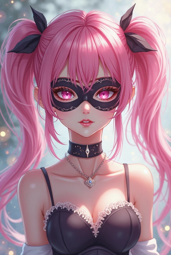 1girl, pink hair, dark red eyes, smile(teeth), piercings, tattoo, shiny eyes, glowing eyes, character portrait, bare shoulders, crop top, (oni mask on head), choker small details, ultra detailed, best quality, ,masterpiece, (volumetric lighting, bright),novelai, oil painting, drawn in medibang paint, 4k wallpaper, aesthetic, masterpiece, award-winning photography, macro photography vivid colors, photorealistic, atmospheric, cinematic, moody, rule of thirds, majestic, detailed, perfect anatomy