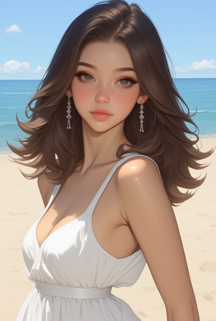 busty brunette girl with cat ears wearing sundress standing in the beach