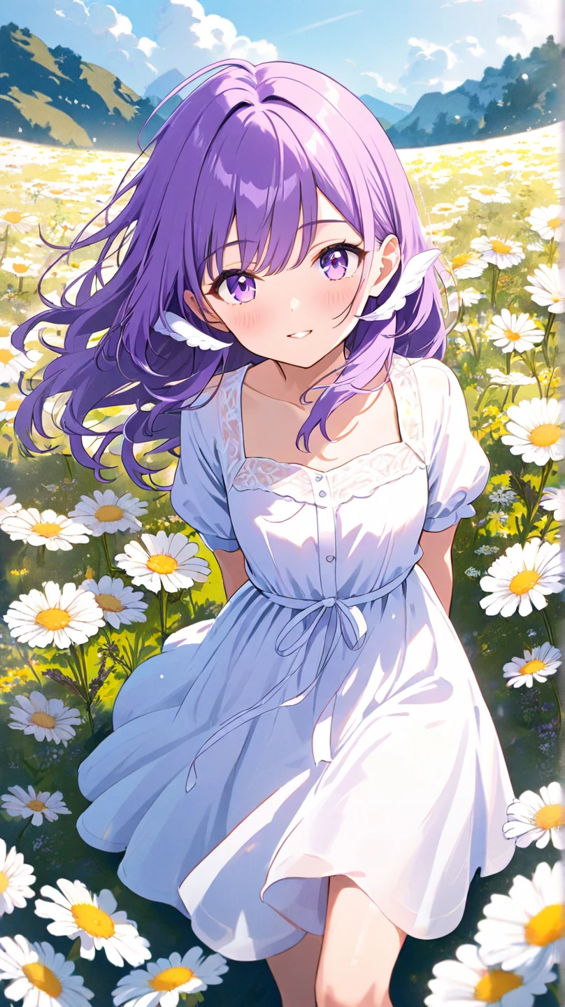 (masterpiece, best quality:1.5), (ultra detailed, high resolution, 8k, beautiful detailed, UHD, best anatomy), purple hair, flat breasts, 1 cute girl, knee-length dress, Flower fields spread over meadows, got his hands outstretched, Petals are dancing in the wind