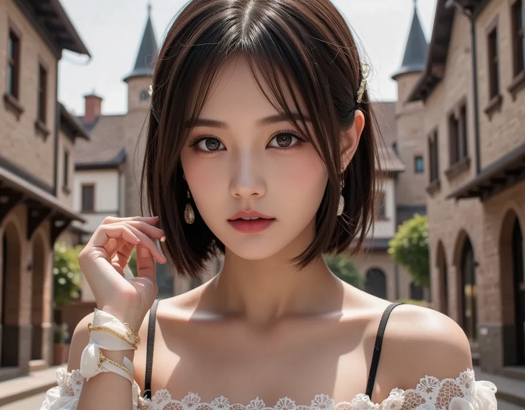 8K, Ultra-high resolution, Highest quality, masterpiece, 三分割法によるphotograph,Surreal, photograph, 1 Girl, (16 years old:1.3), pretty girl, Cute face, Beautiful eyes in every detail, 細かくdetailedに,masterpiece,, One Girl:1.2, Japan Female Announcer,whole body,(Absurd, High Fantasy Art, Best HD images, 注意深くdetailedに, 非常にdetailedな特徴と質感), Solo Character, 16 years oldの野蛮な少女, She has short black hair, Purple eyes with black pupils, Flat Chest, Slim texture, Very thin lips, White skin, (Scottish short skirt, White blouse with collar, silver meral belt between her Scottish short skirt and belly), Confident pose, Very serious face, No Sense of Humor Irish Wooden Cottage with Ancient Greek and Celtic Furniture, Attractive thighs, Sensual,A carefree smile,Heal the heart,Black Hair,Short Bob,Looking at the audience、beauty,Long neck、Laugh a little、Please close your mouth and laugh、(((Ideal body type))),A cup small breasts :2,、Portraiture:2、Perfect Anatomy、鮮明なdetailed、detailed、Surreal、Light and shadow,Strong light
