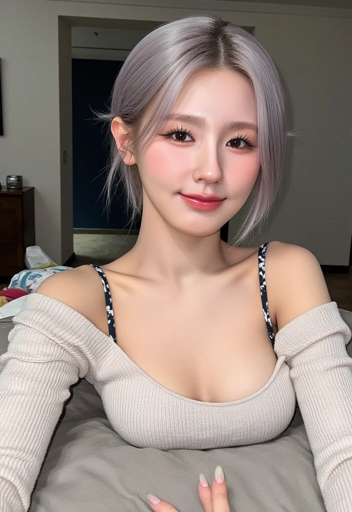 Beautiful Japan 14 years old, white hair, big round breasts, black tank top, short skirt, (beautiful eyes in detail, half eyes closed: 1.4, eyelashes, beautiful double eyelids), beautiful thin legs, (seductive look, jagged look, evil smile), cowboy shot, big bed in the suite,