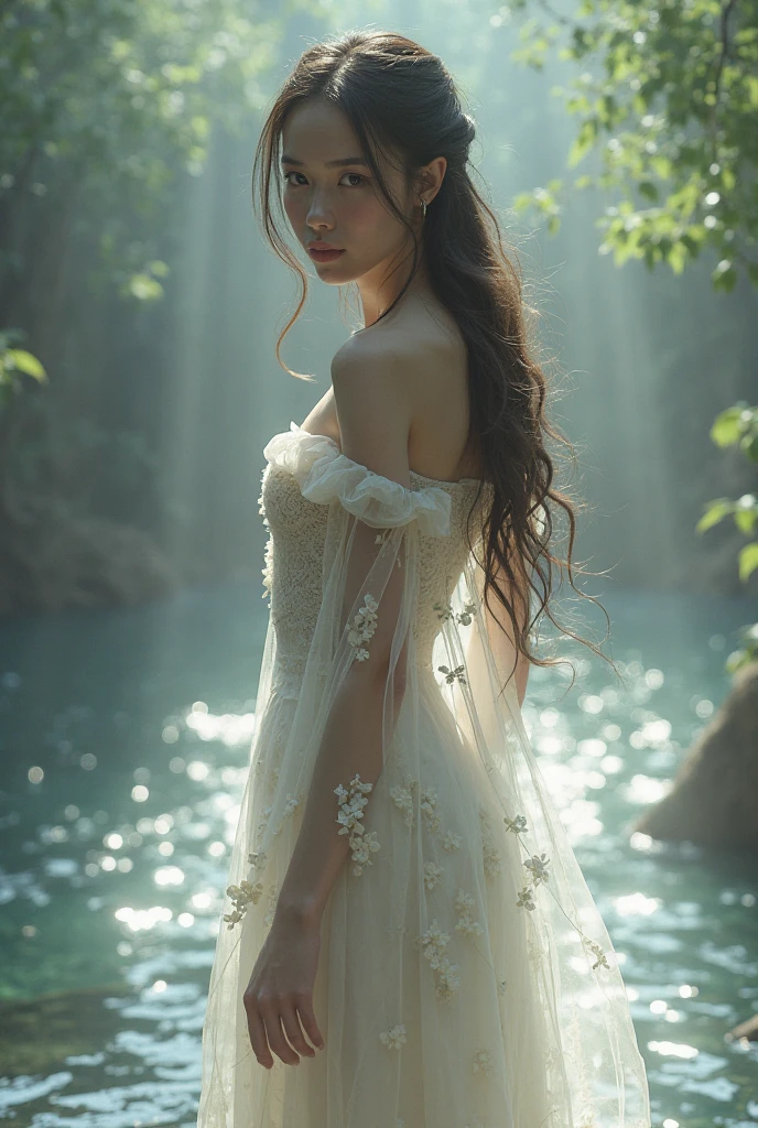 a woman lying down seen from above, serene expression, long dark hair, pale skin, elegant lace dress, floral crown, beautiful detailed eyes, beautiful detailed lips, extremely detailed face, longeyelashes, petals falling around her, lush garden setting, sunlight filtering through trees, (best quality,4k,8k,highres,masterpiece:1.2),ultra-detailed,(realistic,photorealistic,photo-realistic:1.37),cinematic lighting,vibrant colors,intricate details