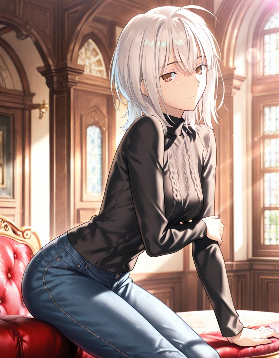 (Confused, High resolution, Very detailed), 1 female, Silver Hair, Long Hair, Reddish brown eyes, Dark suit skirt, lace thong, secretary, Low Ponytail, 24th generation, Beautiful woman, mature, thin, quiet, Calm, A small smile, Reception room, looking back,