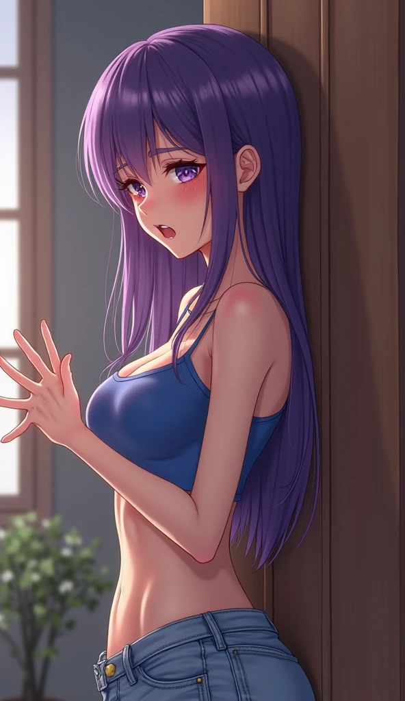 (masterpiece, best quality, photorealistic), woman with horns, solo, perfect slim fit body, ????????????, purple wavy hair, hair ornaments, big gorgeous eyes, (????, pubic hair), bedroom, artistic, vibrant