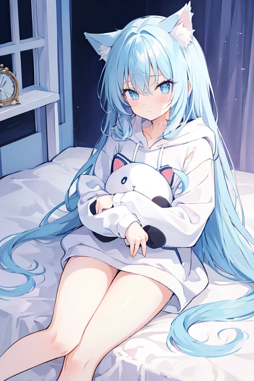 Cute anime girl, long hair, cute ,light blue hair, cat ears, blue eyes, white large hoodie, bare thighs, bare legs, laying down in bed, hugging a white fluffy teddy, worried face, crossed thighs