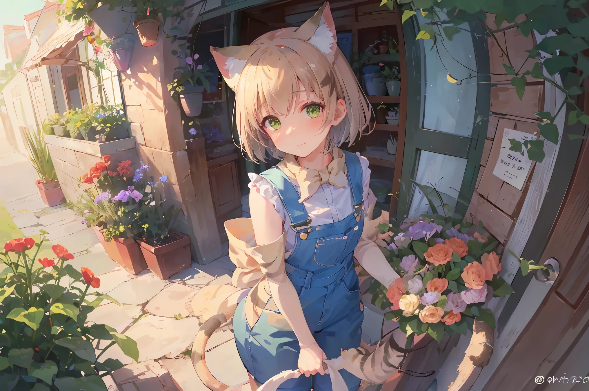 A cat has transformed into a human girl to return a favor. She stands at the front door, offering a bouquet of flowers. The girl has visible cat ears on her head, short brown hair, and wears denim overalls. The bouquet she holds contains various flowers, including green foxtail grass (Setaria, also known as "cat grass"). The scene is viewed from a slightly high angle, as if someone has just opened the door and is looking down at her. A warm, slightly magical atmosphere surrounds the scene. She looks up with a gentle, thankful expression.