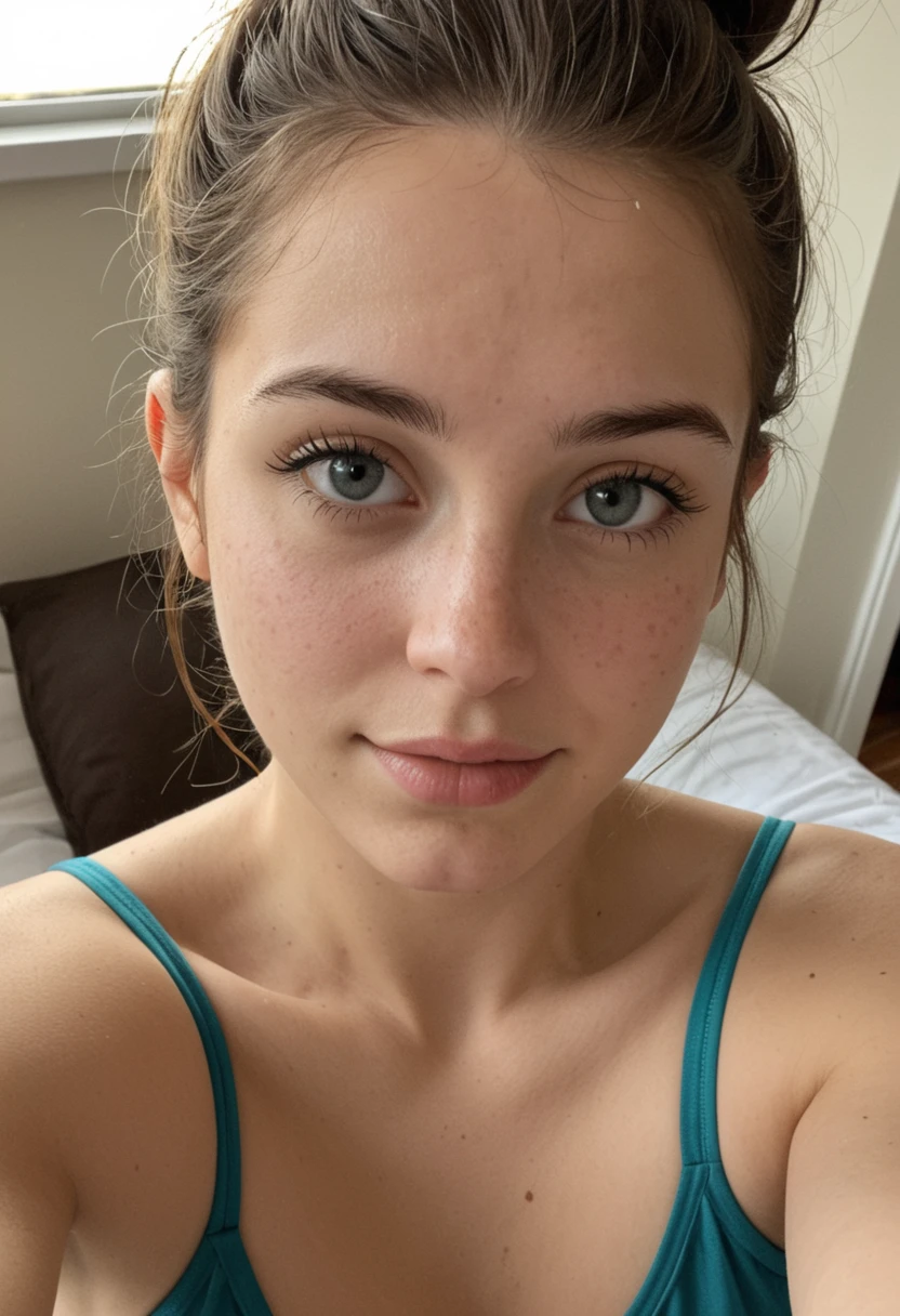 Arafed Full Woman, with Blue Eyes, nude, Ultra Realistic, Meticulously Detailed, Portrait of Sophie Mudd, brown Hair, Selfie of a Young Woman, blue Eyes, Violet Myers, No Makeup, Natural Makeup, Looking Directly at the Camera, face artgram, subtle make-up, Impressive photo of the whole body, wearing lingerie, lingerie