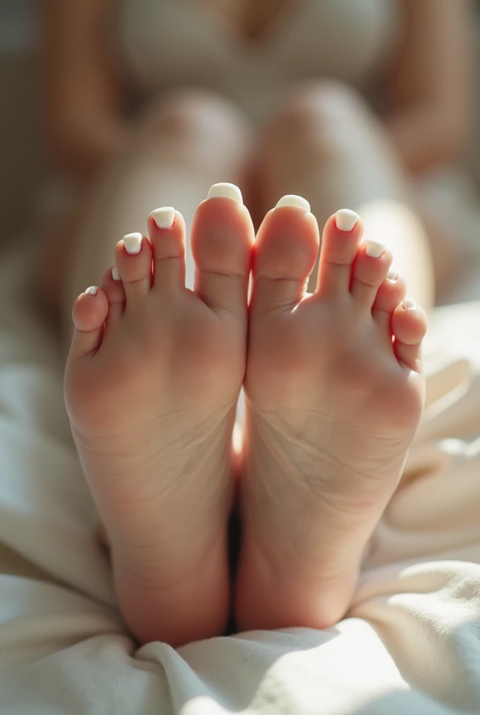 Girl shows her white feet nails
