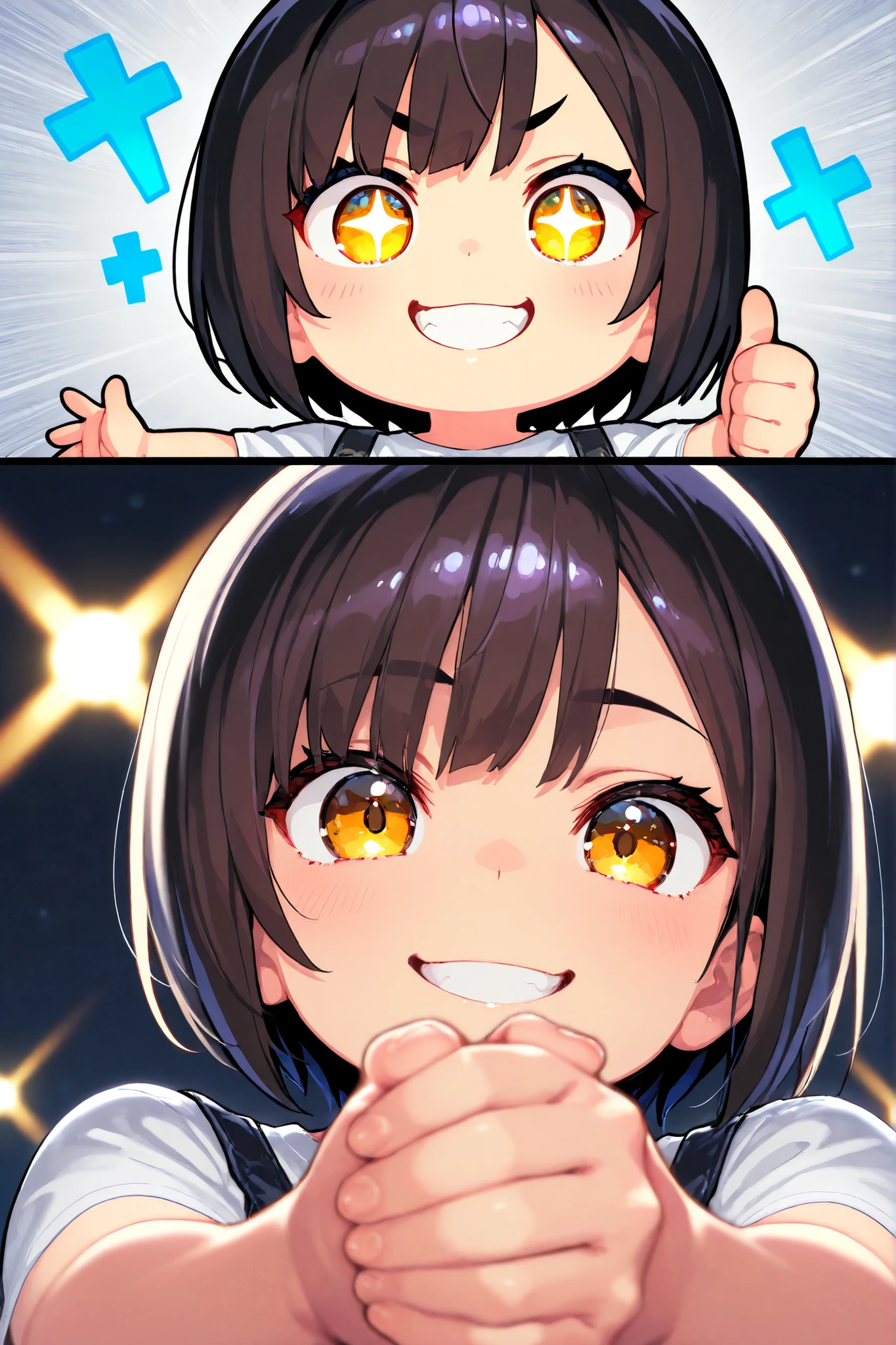 1girl, chibi, round face, short hair, Big expressive eyes ,,mischievous smile, proud expression, Energetic Poses, Thumbs up with both hands, Thumbs up with both hands, outstretched arms towards the viewer, stares at viewers, Cheerful Look, BREAK, simple background, dramatic comic style burst line, Energetic effects, Dynamic atmosphere , bright lights, focuses on movement, BREAK, from below, extreme close-up, dynamic composition, BREAK, ray tracing, Uhigh resolution, MESH FILM, masterpiece, correct, 解剖学的にcorrect, Textured Skin, Super Detailed, high detail, High Quality, 最High Quality, Hi-Res, 1080P, high resolution, 16 kg
