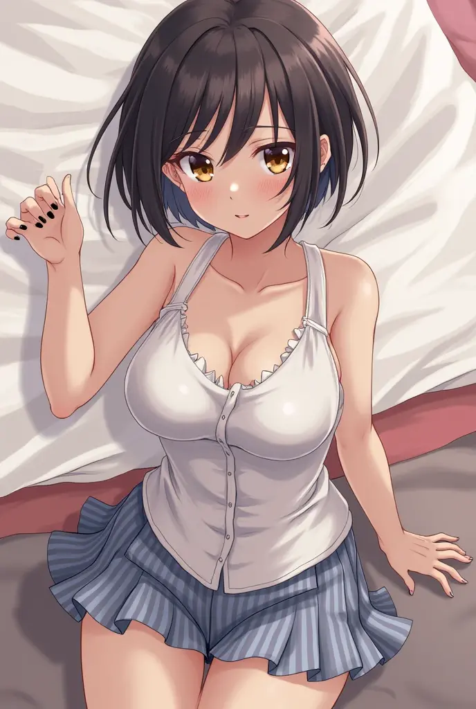 A girl masturbating, her about to come off, her cleavage visible, her skirt rolled up to see her panties, her face panting happily, erotic.