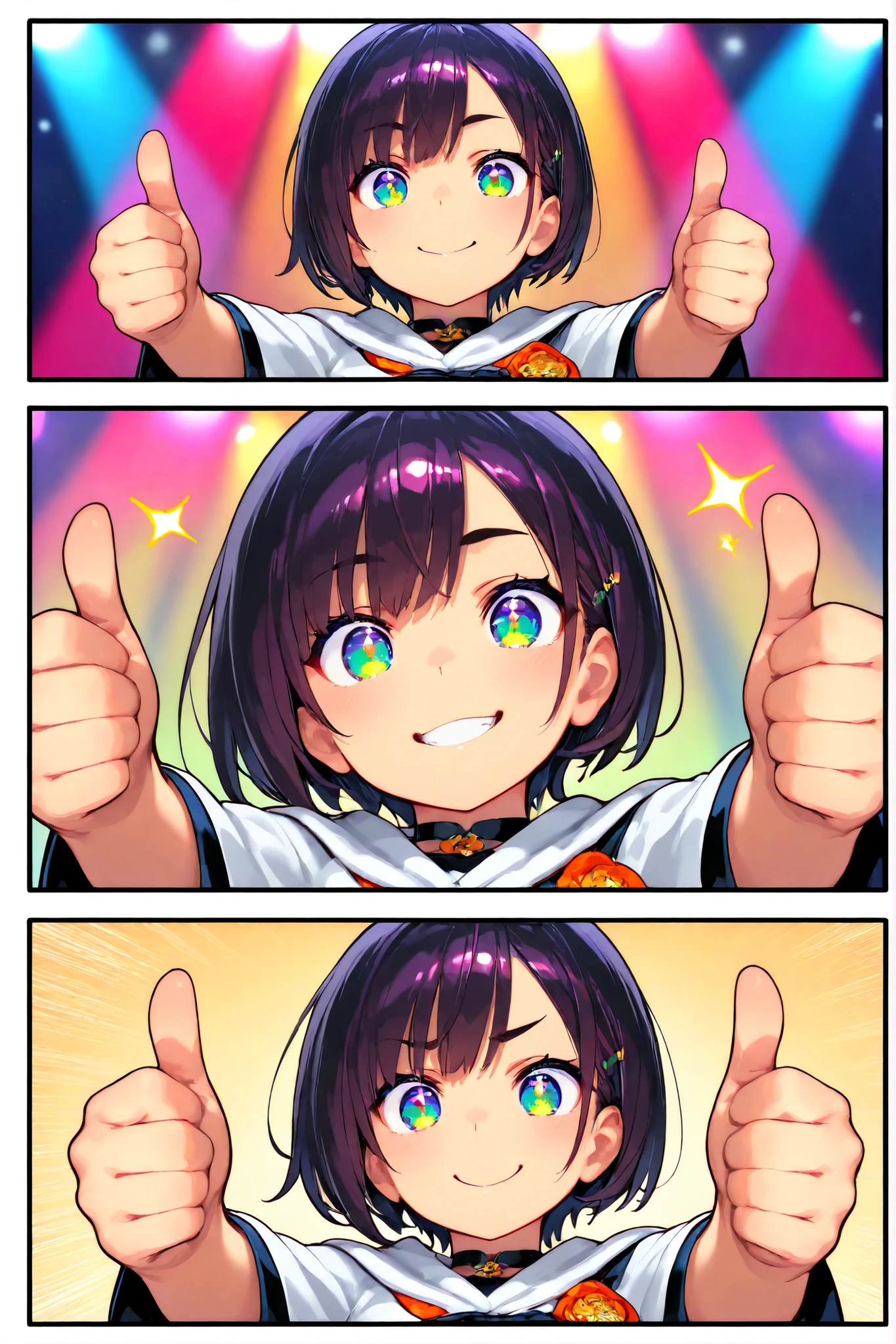 1girl, chibi, round face, short hair, Big expressive eyes ,,mischievous smile, proud expression, Energetic Poses, Thumbs up with both hands, Thumbs up with both hands, outstretched arms towards the viewer, stares at viewers, Cheerful Look, BREAK, simple background, dramatic comic style burst line, Energetic effects, Dynamic atmosphere , bright lights, focuses on movement, BREAK, from below, extreme close-up, dynamic composition, BREAK, ray tracing, Uhigh resolution, MESH FILM, masterpiece, correct, 解剖学的にcorrect, Textured Skin, Super Detailed, high detail, High Quality, 最High Quality, Hi-Res, 1080P, high resolution, 16 kg