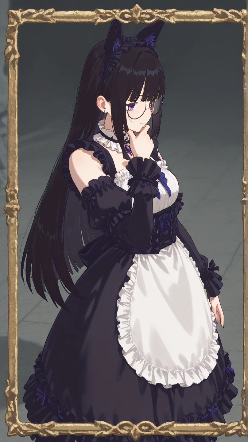 A beautiful, woman, wearing a floor-long wide frilly poofy black lace dress with a corset and purple sleeves, a black lace veil, happy facial expression.