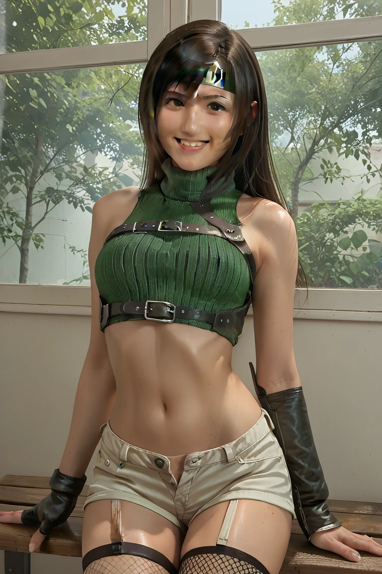 A happy young woman with an undercut in a fantasy setting. An adventurer and a ranger. Very androgynous looking. In a good mood. Sympathic. Tomboyish. Androgynous. Slim body. Very . Very small breasts. Wide hips. Thick legs. Face: Extremly pale skin with liverspots and freckles. Soft narrow face with a round chin. Soft small jaw. Big forehead. Very thin barely visible eyebrows. Upturned big dark-brown eyes. Dark-brown eyecolour. Very long and wide nose. Big curved lips. Very short dark-brown hair. A boyish short haircut. Undercut. Sides shaved. A tight fantasy outfit of a lonley adventurer and ranger with a tank top. Background: Bright open wide green plains and a blue sky. 